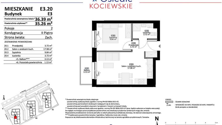 Rzut - Mieszkanie na sprzedaż 2 pokoje o powierzchni 35,26 m² - numer E3.20 w Osiedle Kociewskie bud. E