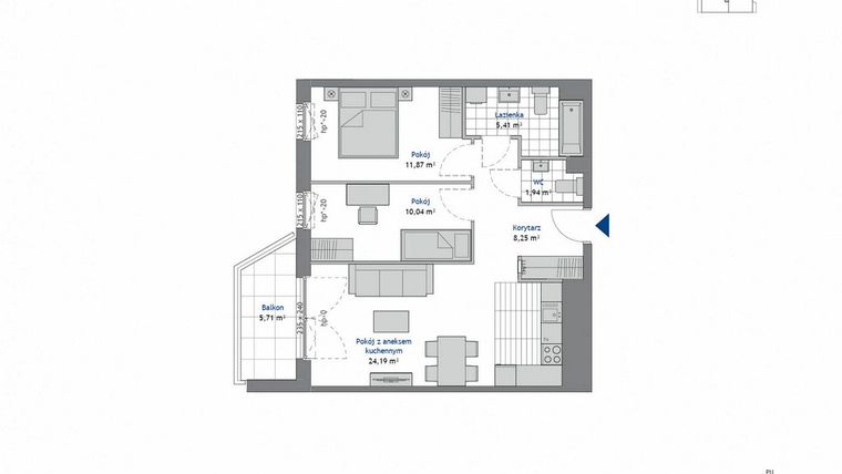 Rzut - Mieszkanie na sprzedaż 3 pokoje o powierzchni 61,7 m² - numer 2.2 w SEAHall