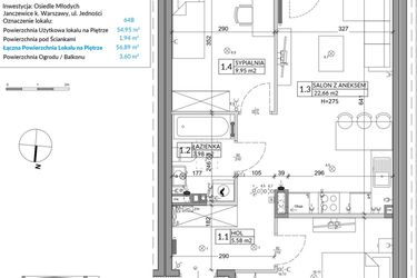 Rzut - Mieszkanie na sprzedaż 3 pokoje o powierzchni 56,89 m² - numer 64B w Osiedle Młodych etap X