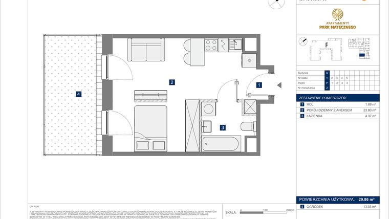 Rzut - Mieszkanie na sprzedaż 1 pokój o powierzchni 29,86 m² - numer G-2 w Apartamenty Park Matecznego Etap 2