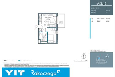 Rzut - Mieszkanie na sprzedaż 1 pokój o powierzchni 30,38 m² - numer A.3.13 w Rakoczego 17