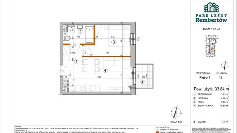 Rzut - Mieszkanie na sprzedaż 2 pokoje o powierzchni 33,84 m² - numer J2-12 w Park Leśny Rembertów etap VIII