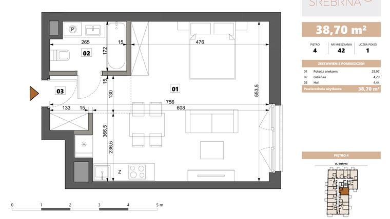 Rzut - Mieszkanie na sprzedaż 1 pokój o powierzchni 38,7 m² - numer 42 w Srebrna 5