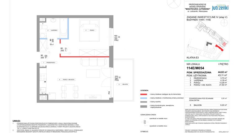 Rzut - Mieszkanie na sprzedaż 2 pokoje o powierzchni 44,02 m² - numer 114E/M054 w Miasteczko Jutrzenki etap V