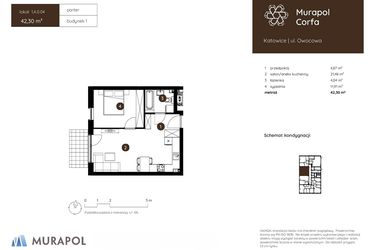 Rzut - Mieszkanie na sprzedaż 2 pokoje o powierzchni 42,3 m² - numer 1.A.0.04 w Murapol Corfa