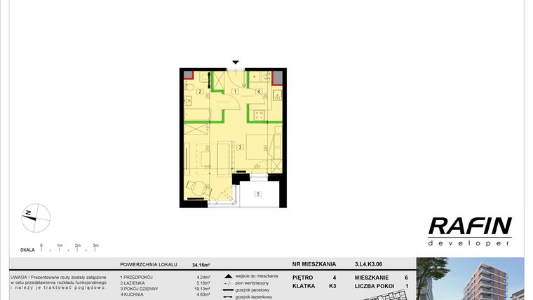 Rzut - Mieszkanie na sprzedaż 1 pokój o powierzchni 33,18 m² - numer L4.K3.06 w Wybrzeże Reymonta 3