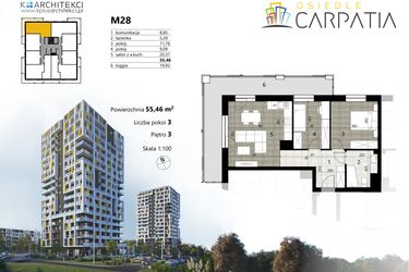 Rzut - Mieszkanie na sprzedaż 3 pokoje o powierzchni 55,46 m² - numer A2.28 w Osiedle Carpatia Etap II