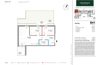 Rzut - Mieszkanie na sprzedaż 3 pokoje o powierzchni 58,3 m² - numer B041 w Grunwald Między Drzewami etap II
