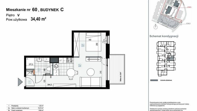 Rzut - Mieszkanie na sprzedaż 1 pokój o powierzchni 34,4 m² - numer C.M60 w Apartamenty Kopernika