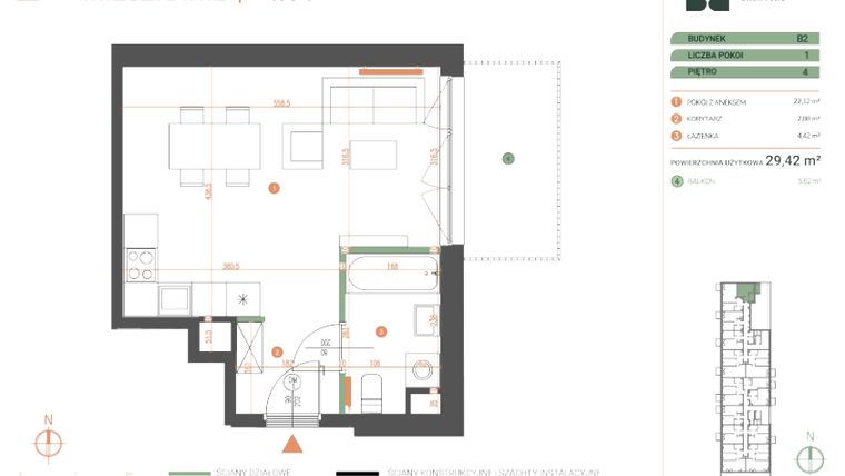 Rzut - Mieszkanie na sprzedaż 1 pokój o powierzchni 29,42 m² - numer M.04.14 w Casa Feliz Portowa