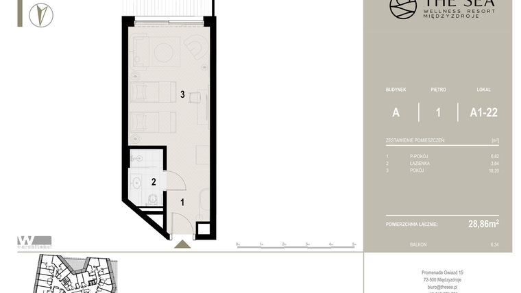 Rzut - Mieszkanie na sprzedaż 1 pokój o powierzchni 28,86 m² - numer A1-22 w The Sea Resort Międzyzdroje
