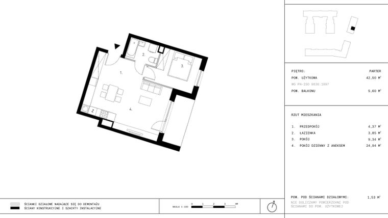 Rzut - Mieszkanie na sprzedaż 2 pokoje o powierzchni 42,5 m² - numer E1 w Podskarbińska 28