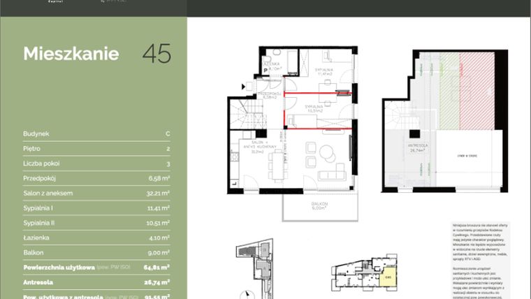 Rzut - Mieszkanie na sprzedaż 1 pokój o powierzchni 91,55 m² - numer C45 w Stawowa Residence - etap V