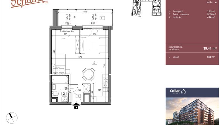 Rzut - Mieszkanie na sprzedaż 1 pokój o powierzchni 39,41 m² - numer G1/63 w Goplana budynek G