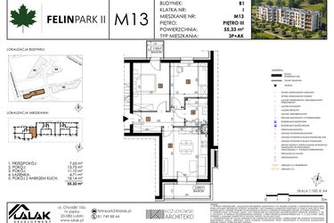 Rzut - Mieszkanie na sprzedaż 3 pokoje o powierzchni 55,33 m² - numer M13 w Felin Park II