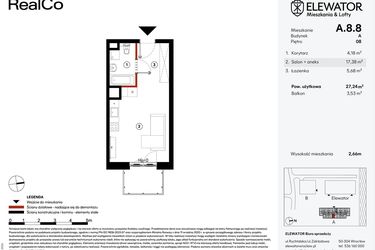 Rzut - Mieszkanie na sprzedaż 1 pokój o powierzchni 27,24 m² - numer A.8.8 w Elewator - Mieszkania i Lofty