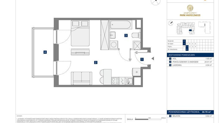 Rzut - Mieszkanie na sprzedaż 1 pokój o powierzchni 30,7 m² - numer H6 w Apartamenty Park Matecznego Etap 2.2