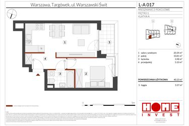 Rzut - Mieszkanie na sprzedaż 2 pokoje o powierzchni 40,23 m² - numer WS-L-A017 w Warszawski Świt etap XII