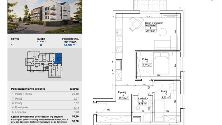 Rzut - Mieszkanie na sprzedaż 3 pokoje o powierzchni 55,36 m² - numer 8 w Balantia
