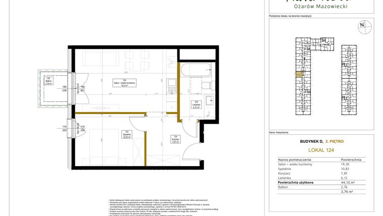 Rzut - Mieszkanie na sprzedaż 2 pokoje o powierzchni 44,12 m² - numer 124 w Aura Nova etap II