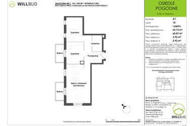 Rzut - Mieszkanie na sprzedaż 3 pokoje o powierzchni 60,87 m² - numer OP/A1/P1/10 w Osiedle Pogodne etap I