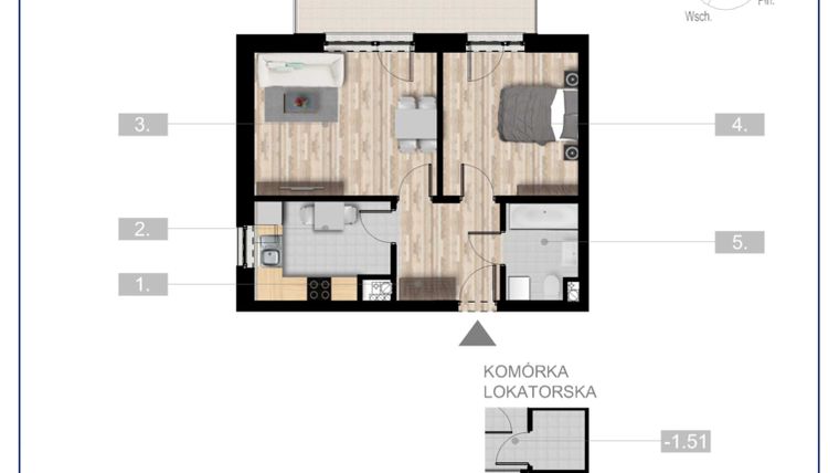 Rzut - Mieszkanie na sprzedaż 2 pokoje o powierzchni 47,84 m² - numer 13 w Szczytno Dąbrowskiego - etap 3