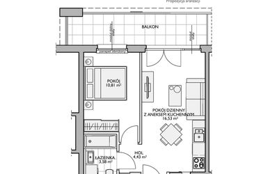 Rzut - Mieszkanie na sprzedaż 2 pokoje o powierzchni 36,43 m² - numer WO/O16/30 w Wiszące Ogrody