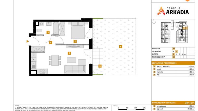 Rzut - Mieszkanie na sprzedaż 2 pokoje o powierzchni 38,11 m² - numer B1.50 w Osiedle Arkadia etap 2