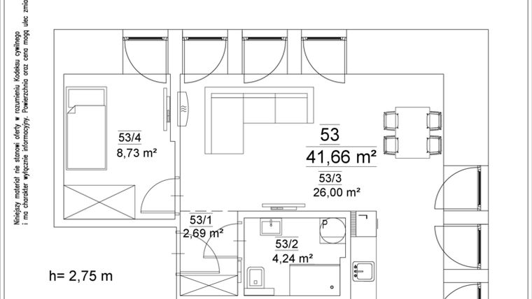 Rzut - Mieszkanie na sprzedaż 2 pokoje o powierzchni 41,66 m² - numer 53 w Osiedle Teatralne 19 - apartamenty inwestycyjne