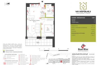 Rzut - Mieszkanie na sprzedaż 2 pokoje o powierzchni 36,53 m² - numer C61 w Na Wspólnej etap 2