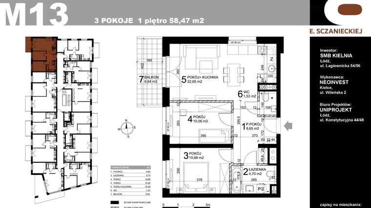 Rzut - Mieszkanie na sprzedaż 3 pokoje o powierzchni 58,47 m² - numer M13 w Sczanieckiej 8