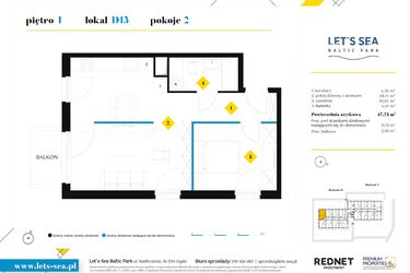 Rzut - Mieszkanie na sprzedaż 2 pokoje o powierzchni 47,73 m² - numer D13 w Let's Sea Baltic Park II