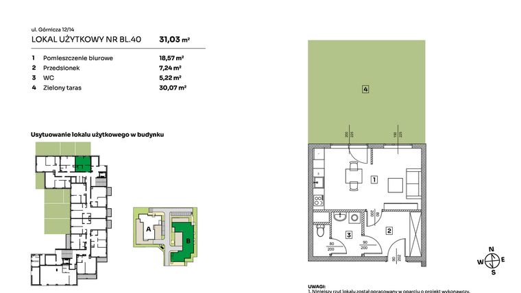 Rzut - Mieszkanie na sprzedaż 1 pokój o powierzchni 31,03 m² - numer BL.40 w Parkove Love - apartamenty inwestycyjne