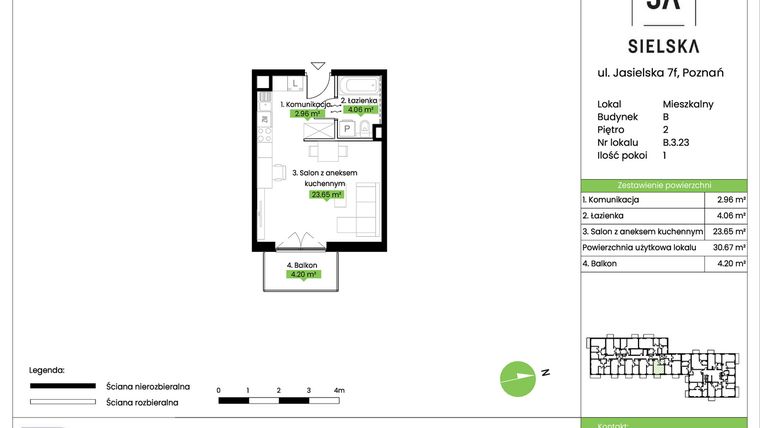 Rzut - Mieszkanie na sprzedaż 1 pokój o powierzchni 30,67 m² - numer B.3.23 w JA_SIELSKA V