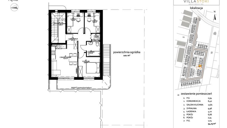 Rzut - Mieszkanie na sprzedaż 4 pokoje o powierzchni 54,96 m² - numer J2 w Villa Stoki (mieszkania)