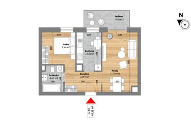 Rzut - Mieszkanie na sprzedaż 2 pokoje o powierzchni 45,98 m² - numer M62 w Przy Kochanowskiego