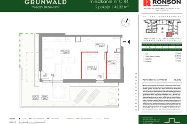 Rzut - Mieszkanie na sprzedaż 2 pokoje o powierzchni 45,32 m² - numer C084 w Grunwald Między Drzewami etap III