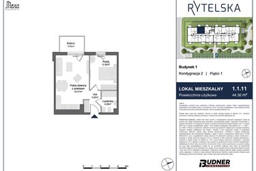 Rzut - Mieszkanie na sprzedaż 2 pokoje o powierzchni 44,36 m² - numer 1.1.11 w Rytelska