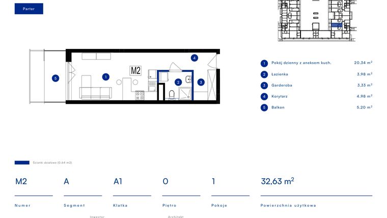 Rzut - Mieszkanie na sprzedaż 1 pokój o powierzchni 32,63 m² - numer 2A w Przy Bursztynowej