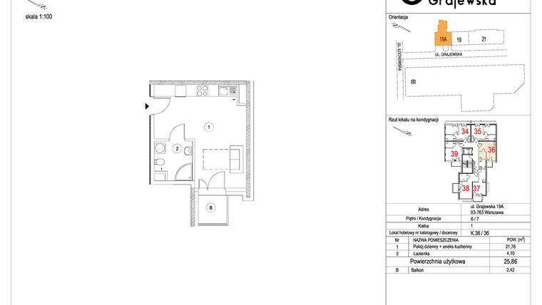 Rzut - Mieszkanie na sprzedaż 1 pokój o powierzchni 25,82 m² - numer M-36 w Apartamenty Grajewska