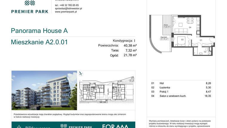 Rzut - Mieszkanie na sprzedaż 2 pokoje o powierzchni 40,38 m² - numer A2.0.01 w Premier Park II