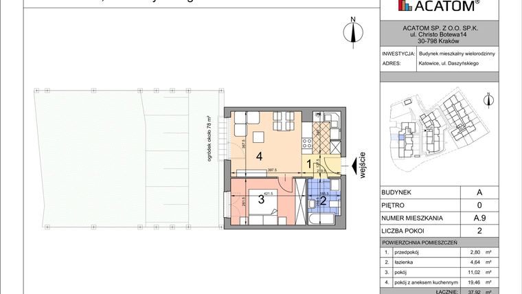 Rzut - Mieszkanie na sprzedaż 2 pokoje o powierzchni 37,92 m² - numer A9 w Daszyńskiego Park