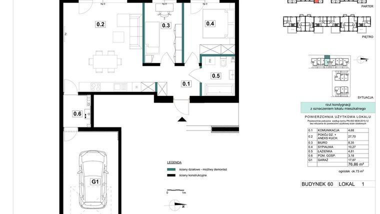 Rzut - Mieszkanie na sprzedaż 3 pokoje o powierzchni 76,86 m² - numer 60-1 w Błonie Bosco