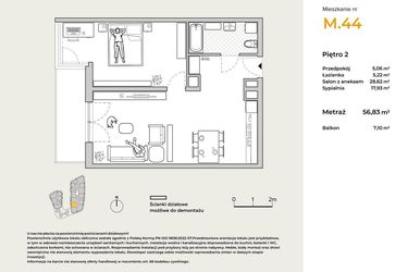 Rzut - Mieszkanie na sprzedaż 2 pokoje o powierzchni 56,83 m² - numer M44 w Baja Piaśniki