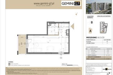 Rzut - Mieszkanie na sprzedaż 1 pokój o powierzchni 31,23 m² - numer A6/3/39 w GEMINI G-7