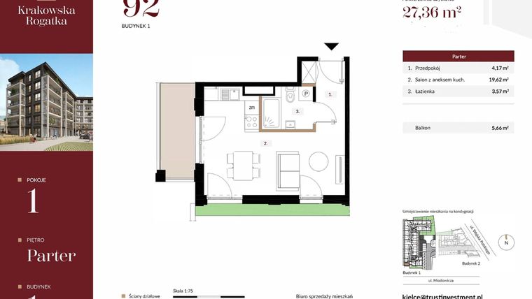 Rzut - Mieszkanie na sprzedaż 1 pokój o powierzchni 27,36 m² - numer 1.M92 w Krakowska Rogatka