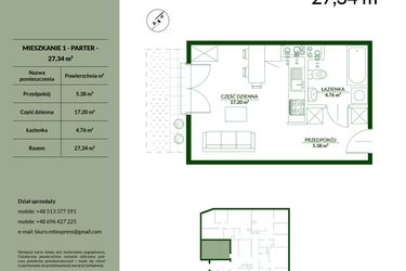 Rzut - Mieszkanie na sprzedaż 1 pokój o powierzchni 27,34 m² - numer 1 w Bukowa etap II