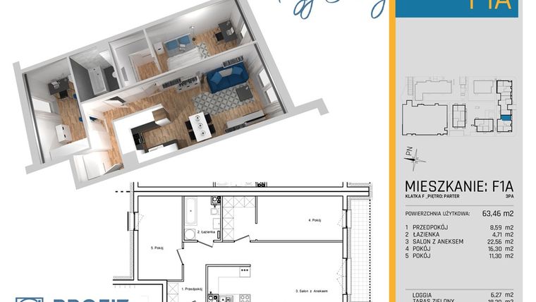 Rzut - Mieszkanie na sprzedaż 3 pokoje o powierzchni 63,46 m² - numer F1A w Przy Sarniej