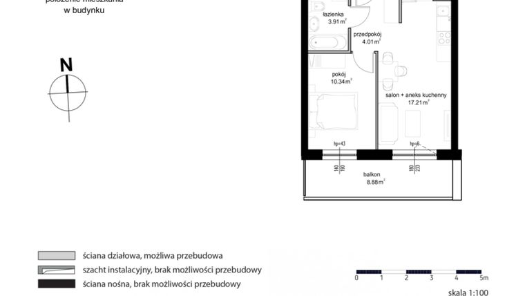 Rzut - Mieszkanie na sprzedaż 2 pokoje o powierzchni 35,47 m² - numer M 17 w Kwietny Ogród