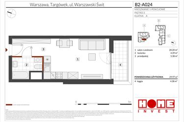 Rzut - Mieszkanie na sprzedaż 1 pokój o powierzchni 29,97 m² - numer B2-A024 w Warszawski Świt etap IX